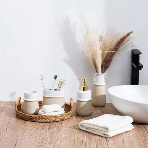 Vista 5 de Dispensador de jabón de cerámica beige para cocina, bomba dispensadora de manos recargable, dispensador de loción de 12 onzas para baño para jabón