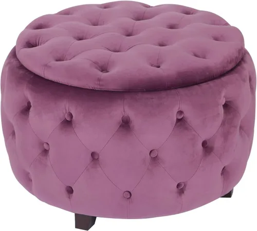 Vista 10 de Adeco Otomana redonda de almacenamiento, banco tapizado con botones de terciopelo con tapa extraíble, mesa auxiliar, reposapiés, asiento para sala