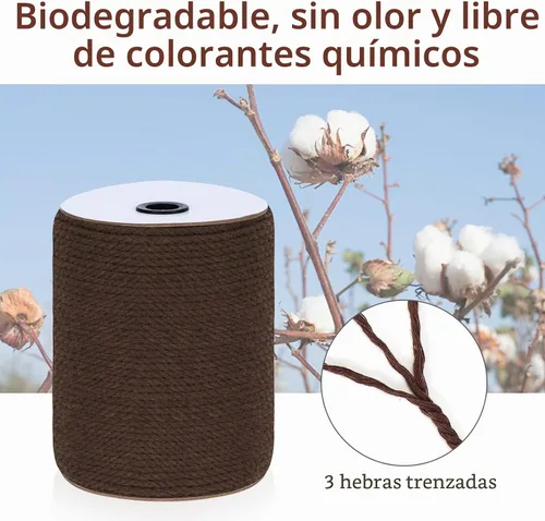 Vista 2 de Cuerda de macramé de 3 mm x 328 yardas, cuerda de macramé de algodón natural colorida de 3 hebras para colgar en la pared, ganchos de plantas Café