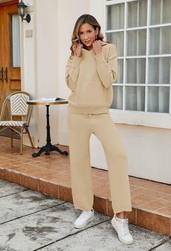 Vista 8 de Pink Queen Conjunto de suéter de 2 piezas para mujer, sudadera de gran tamaño, sudadera con capucha y pantalones de pierna ancha, sudadera de punto