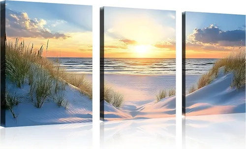 Vista 58 de TutuBeer 3 paneles de fotos de playa, arte de pared, diseño de mar azul, playa blanca al amanecer, imágenes impresas en lienzo, imágenes del océano