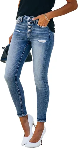 Vista 4 de Allimy Jeans de tiro alto, ajustados y elásticos para mujer, diseño de mezclilla, desgastados y rasgados