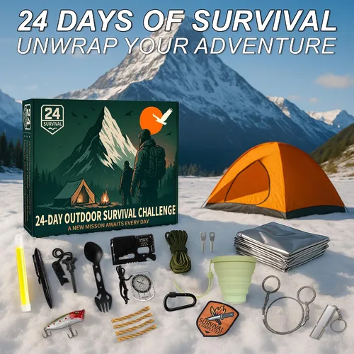 Vista 2 de Calendario de Adviento de supervivencia 2025 para adultos, cuenta regresiva de Navidad de 24 días para hombres con kit de supervivencia al aire