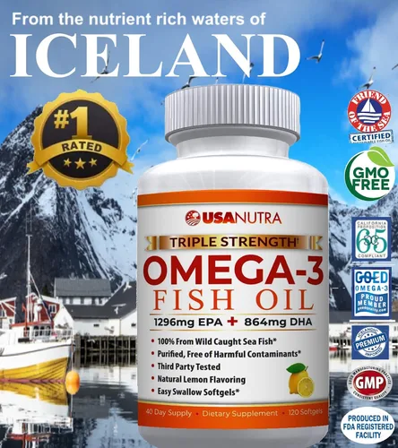 Vista 5 de Aceite de pescado Omega 3 de 2250 mg con 1350 EPA + 900 DHA Aceite de pescado islandés capturado en la naturaleza de triple fuerza, 120 cápsulas.