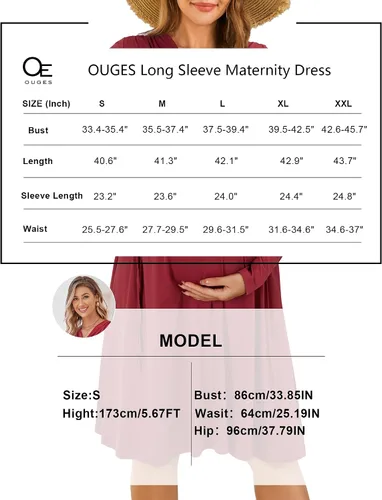 Vista 7 de OUGES Vestido de maternidad para mujer 2023, manga larga, cuello en V, vestidos de embarazo con bolsillos