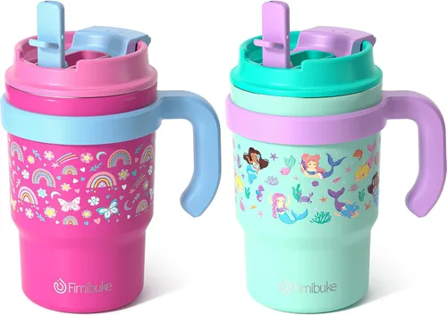 Vista 14 de Fimibuke Taza térmica para niños con asa y pajita - 16 oz Vaso a prueba de fugas para niños pequeños con tapa 2-en-1 de sorbo/trago, sin BPA