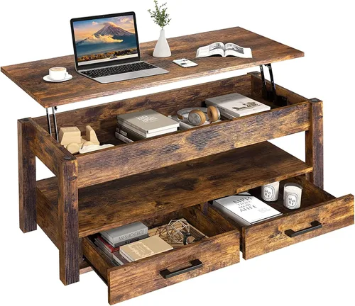 Vista 8 de FABATO Mesa auxiliar elevable de 41.7 pulgadas con 2 cajones de almacenamiento con compartimento oculto, estante de almacenamiento abierto para sala
