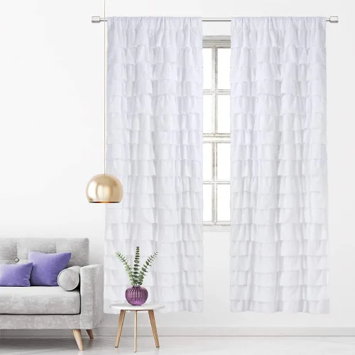 Vista 15 de Cortinas negras con volantes, 2 paneles, paneles de ventana con volantes de 12 capas, cortinas de estilo rústico para dormitorio, baño, bolsillo