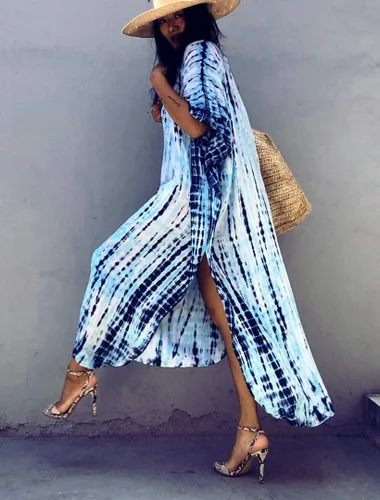 Vista 5 de RanRui - Vestido tipo caftán para mujer, de talla extragrande, con estampado de rayas, teñido anudado, cuello en V, holgado y suave