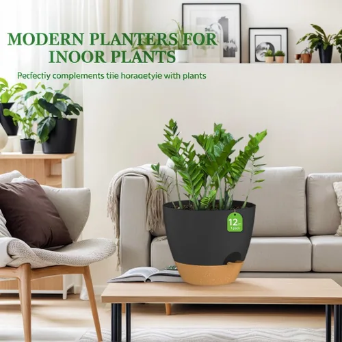 Vista 2 de ZMTECH Maceta de 12 pulgadas, paquete de 1 maceta para plantas de interior, maceta de riego automático con agujeros de drenaje y platillo para negro