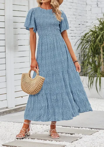 Vista 2 de ZESICA - Vestido veraniego largo y casual para mujer con estampado floral manga corta y cuello redondo de cintura alta fruncida