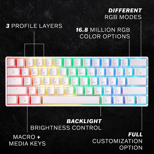Vista 2 de HK GAMING GK61 - Teclado mecánico para juegos con 61 teclas multicolor RGB retroiluminadas por LED, con cable, programable, para PCMac