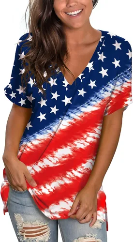 Vista 2 de SAMPEEL Camisetas de verano con cuello en V para mujer, estilo casual, de manga corta, con abertura lateral, ajuste holgado