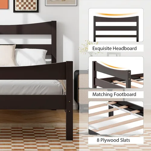 Vista 4 de Giantex - Marcos de cama individual de madera con cabecero, cama moderna con plataforma y soporte de listones de madera, espacio de almacenamiento
