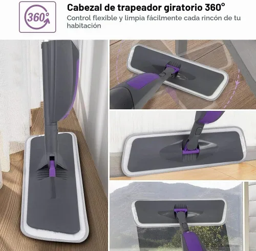 Vista 4 de Trapeador de microfibra para limpieza de suelos, con 3 almohadillas lavables, botella recargable de 18.6 fl oz para madera dura, azulejos, mármol