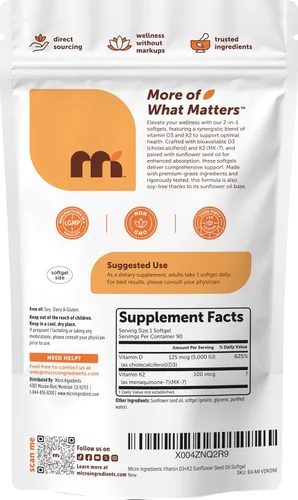 Vista 6 de Micro Ingredients Vitamina D3 5,000 UI + K2 MK-7 100 mcg por porción, 90 cápsulas blandas Suplemento 2 en 1 D3 K2 Fácil de tragar, sin OMG, sin