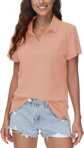 Vista 5 de TACVASEN Polo de manga corta con cuello en V para mujer, con protección solar UPF 50+, secado rápido, para golf