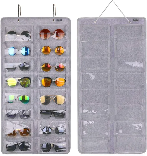 Vista 9 de AROUY Organizador de gafas de sol, organizador de gafas con bolsillo para colgar en la pared - Organizador de gafas de sol con 16 ranuras de fieltro