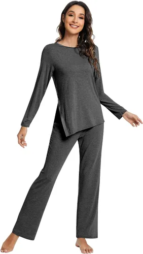 Vista 9 de WiWi Conjunto de pijama para mujer, súper suave, manga larga, ropa de dormir, ropa de dormir, ropa de descanso, viscosa de bambú, S-XXL A-aqua