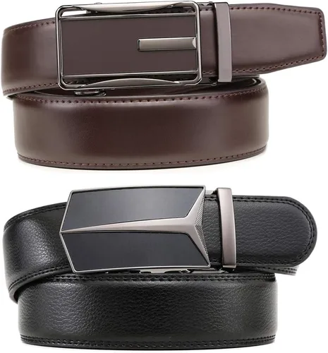Vista 2 de Founders & C Cinturón para hombre, 2 unidades, vestido de cuero con trinquete con hebilla deslizante de 1 38 pulgadas en caja de regalo