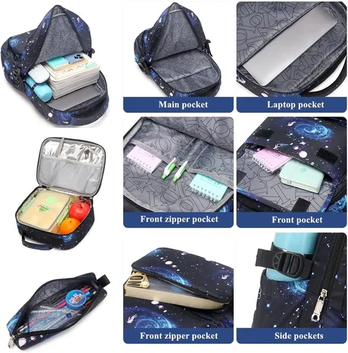 Vista 4 de Mildame Galaxy Backpack for Boys with Lunch Box Set, 3Pcs Boys Bookbag for Elementary, 3 in 1 Teens Space Printed School Bag