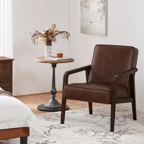 Vista 17 de Yaheetech Silla decorativa, silla de lectura de piel sintética, silla moderna de mediados de siglo con marco de madera maciza para sala de estar