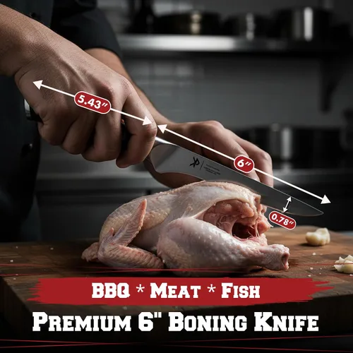 Vista 5 de Juego de Tallado de BBQ para Carne - Cuchillo de Cortar Pechuga de 12" + Cuchillo de Deshuesar de 6" con Fundas - Súper Afilado, Acero Alemán