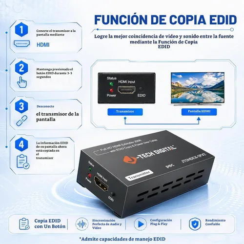 Vista 8 de J-Tech Digital Extensor HDMI sobre CAT5e/6/7 con PoC 1080P a 60Hz hasta 165 pies, HDMI Balun sobre Ethernet único compatible con EDID Copy
