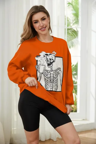 Vista 4 de Meladyan - Sudadera de forro polar con estampado de calavera de Halloween de gran tamaño, cuello redondo, manga larga, hombros caídos