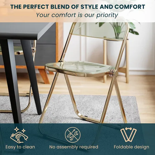 Vista 4 de LeisureMod Juego de 2 sillas plegables modernas de acrílico transparente Silla de escritorio con marco de metal dorado Cómoda silla decorativa