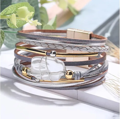 Vista 5 de Fesciory - Pulsera de piel de leopardo para mujer, pulsera de cuero multicapa, brazalete con cierre magnético, joyería