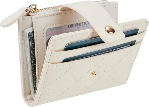 Vista 37 de Cartera de cuero para mujer, pequeña, compacta, plegable, con bolsillo para monedas con cremallera