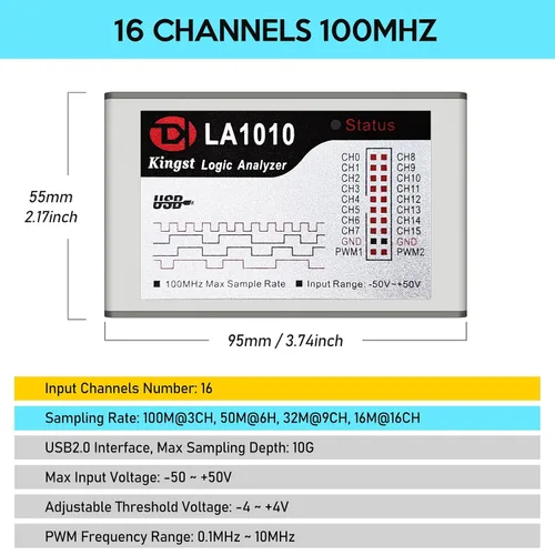 Vista 2 de LA1010 Analizador USB de lógica 16 canales de entrada 100MHz con el software PC en inglés Instrumento de mano, compatible con Windows (32bit/64bit)