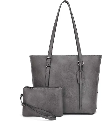 Vista 7 de KL928 Bolso de mano para mujer, bolso de mano de piel sintética, bolso de hombro grande, asa superior, monederos, juego de 2 piezas
