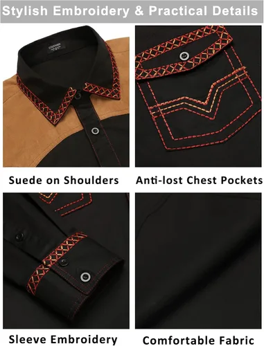 Vista 5 de COOFANDY Camisa vaquera occidental bordada de manga larga para hombre, ajustada, casual, de algodón, con botones, hippie, con bolsillos
