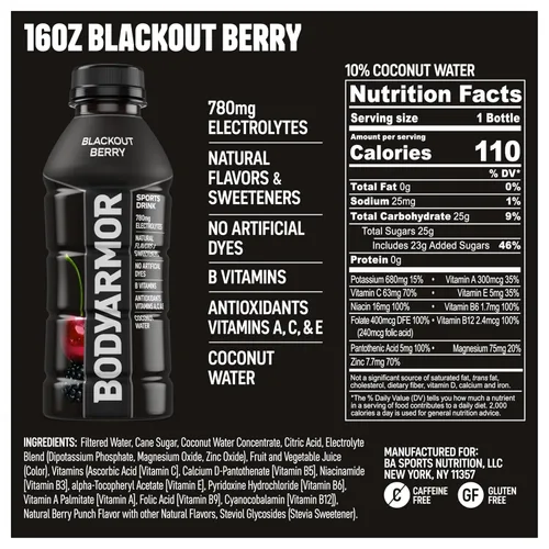 Vista 2 de BODYARMOR - Bebida deportiva, baya negra, sabores naturales con vitaminas, electrolitos ricos en potasio, perfecta para deportistas, 16 onzas