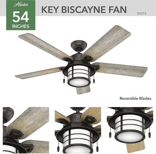Vista 8 de Hunter Key Biscayne - Ventilador de techo, para interiores y exteriores, con luz LED y control para cadena de tracción