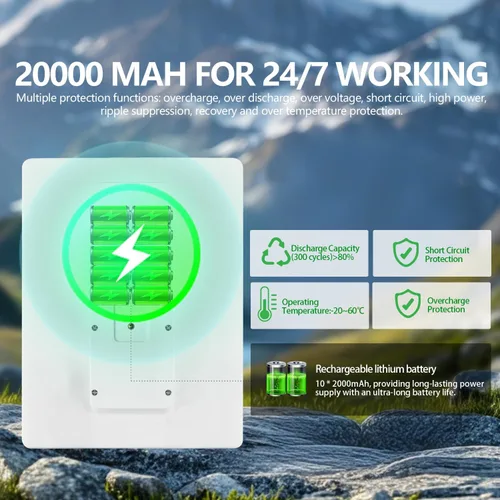 Vista 4 de Panel Solar para Cámara de Seguridad de Sendero y Juego, Batería Recargable Integrada de 20000mAh, USB-C y Micro USB, DC (3.5 * 1.35) con Múltiples