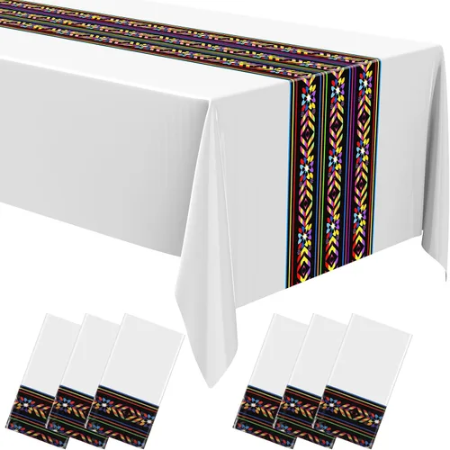 Vista 8 de Oudain Mantel de plástico para fiesta mexicana, 6 unidades, 108 x 54 pulgadas, tejido arcoíris, desechable, impermeable, festivo, para decoración