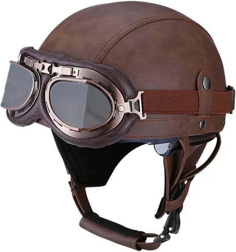 Vista 9 de Casco retro de cuero vintage para motocicleta, para hombres y mujeres, adultos, para scooter, bicicleta, crucero, con gafas y lente solar
