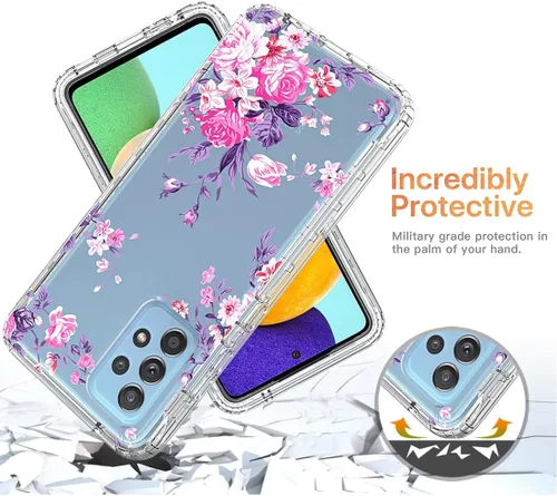 Vista 7 de Funda para Galaxy A52 5G/4G/Galaxy A52S SM-A526 con protector de pantalla de vidrio templado, diseño floral a prueba de golpes, carcasa protectora