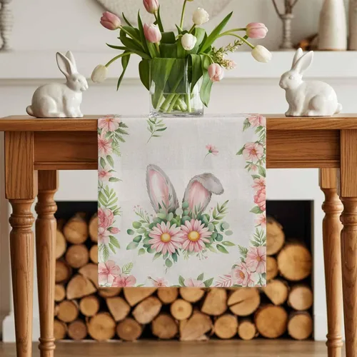 Vista 2 de Camino de mesa de Pascua de 36 pulgadas con orejas de conejo para decoración de mesa de cocina y comedor con flores de primavera