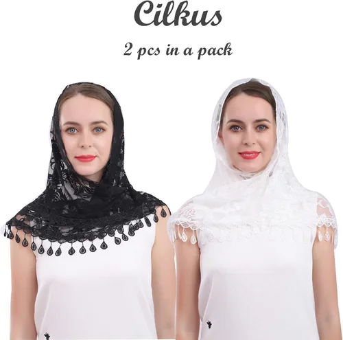 Vista 2 de Cilkus Velo de encaje Triángulo Mantilla velo Mantón o Bufanda Latina Masa Cabeza Cubierta con Flecos Encaje