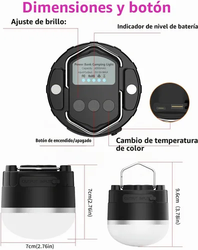 Vista 9 de Linterna de campamento recargable de 1000 lúmenes, luz LED para tienda de campaña con batería de 4000 mAh, hasta 110 horas de tiempo
