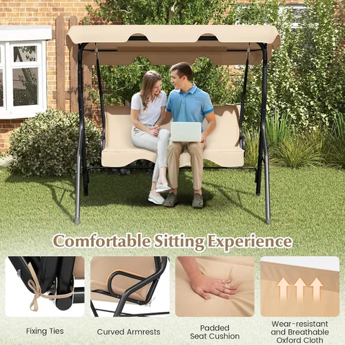 Vista 6 de RELAX4LIFE Silla columpio para porche para 3 personas, columpio para exteriores con toldo ajustable, cojín extraíble y soporte de marco de metal