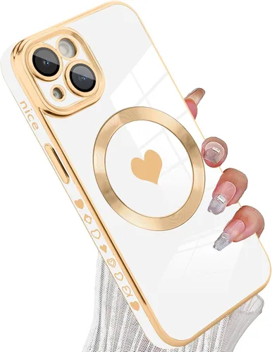 Vista 86 de tharlet Funda Magnética para iPhone 11 [Compatible con Magsafe] Lindo Corazón de Amor de Lujo Chapado Borde Dorado Parachoques con Lente de Cámara
