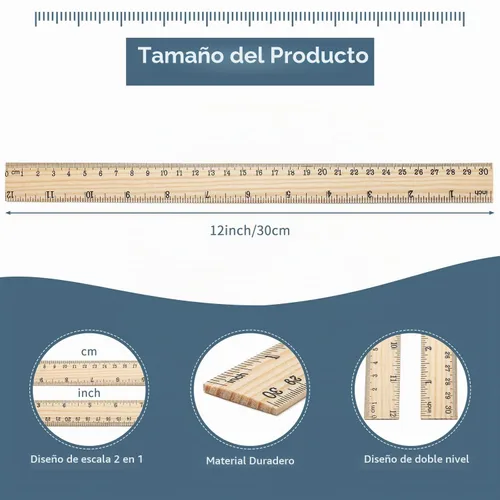 Vista 2 de Paquete de 10 reglas de madera de 12 pulgadas, reglas de medición de madera a granel, regla de oficina, 2 escalas 10 piezas-12.0 in