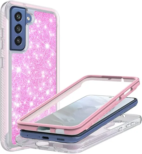 Vista 4 de Funda diseñada para Samsung Galaxy S21 FE con purpurina de cuerpo completo con protector de pantalla integrado, resistente de doble capa a prueba