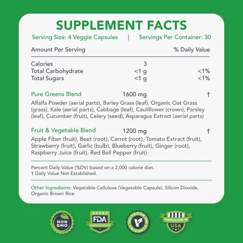 Vista 2 de KaraMD Pure Nature - Suplemento de verduras, frutas y verduras, vitaminas, fibra y antioxidantes, 20 suplementos de frutas y verduras para energía
