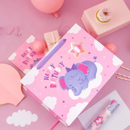 Vista 7 de WRAPAHOLIC Bolsa de regalo grande de 13 pulgadas con tarjeta y papel de seda, adorable bolsa de regalo de elefante para bebé, baby shower, fiesta